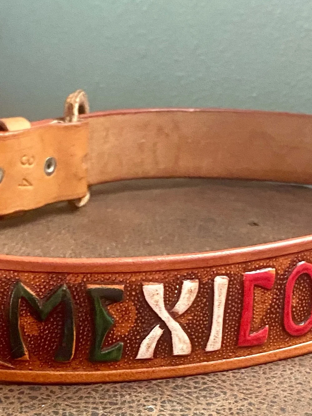 Hand Tooled Brown Leather Belt with Multicolor 'MEXICO', Cacti, Aztec Pyramids